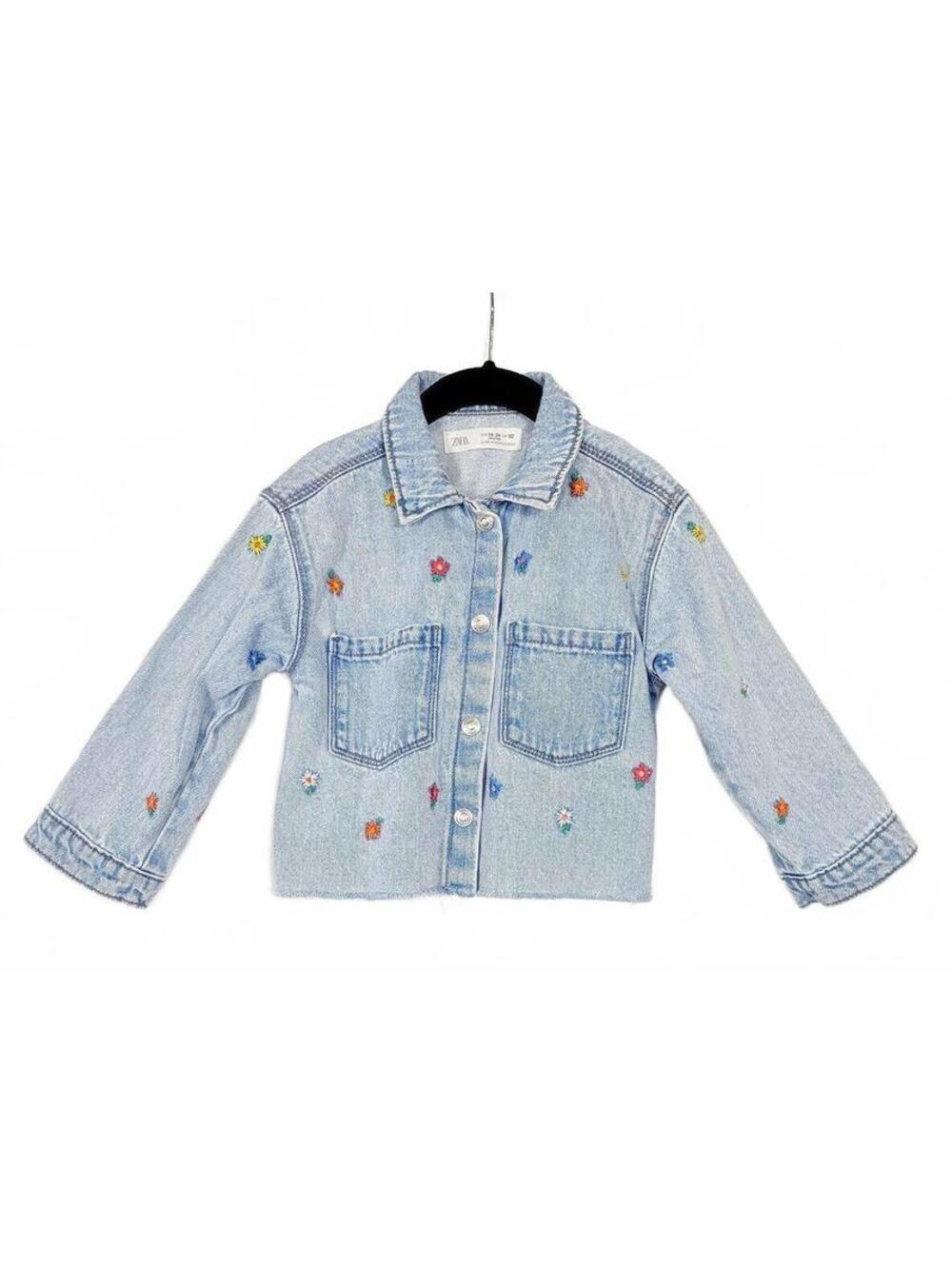 Zara Kids Girls Floral Embroidered Frayed Crop Denim Jacket Light Wash 18-24M